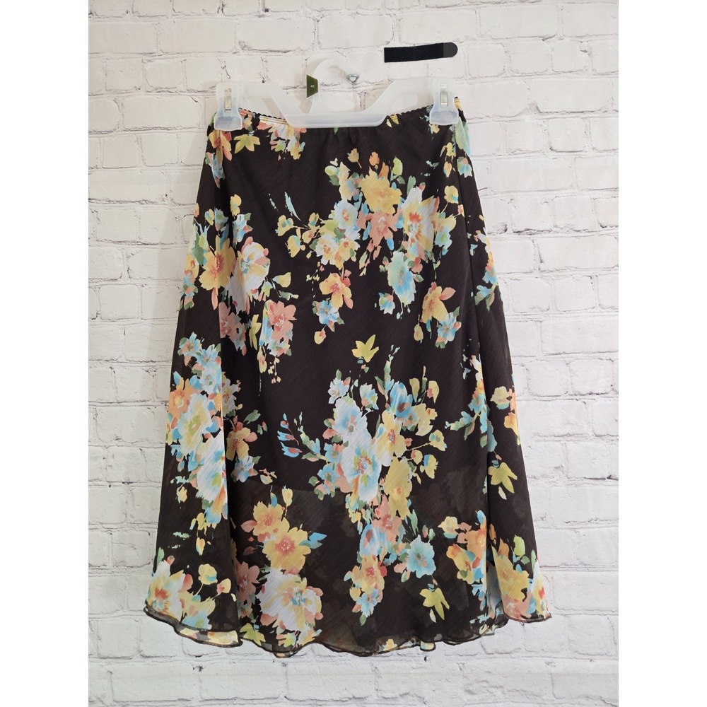Vtg Y2K chocolate Floral Layered Chiffon Midi Skirt Sz SFairy Romantic Fem